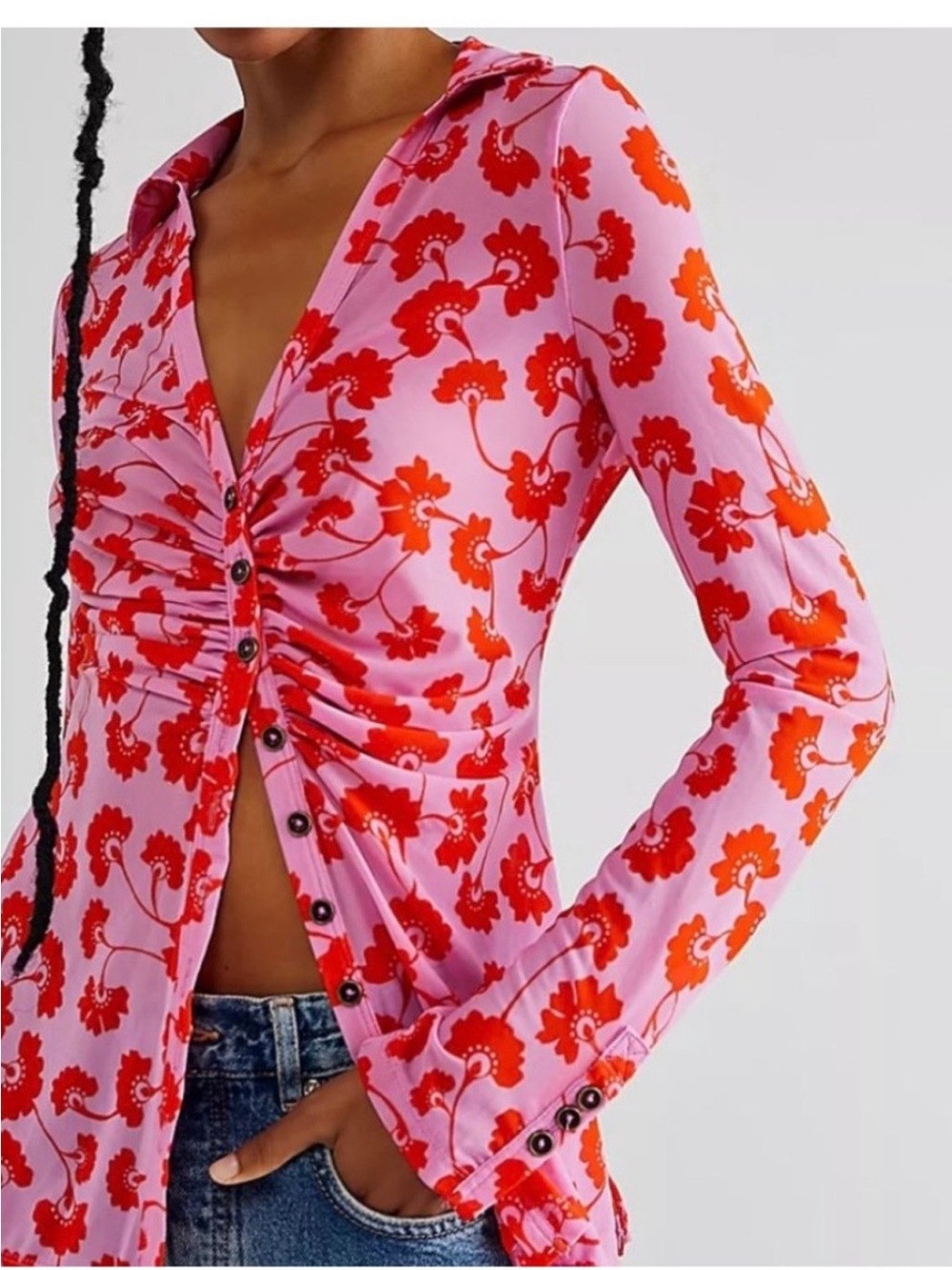 Free People Pink & Red Floral Button-Front mesh shirt